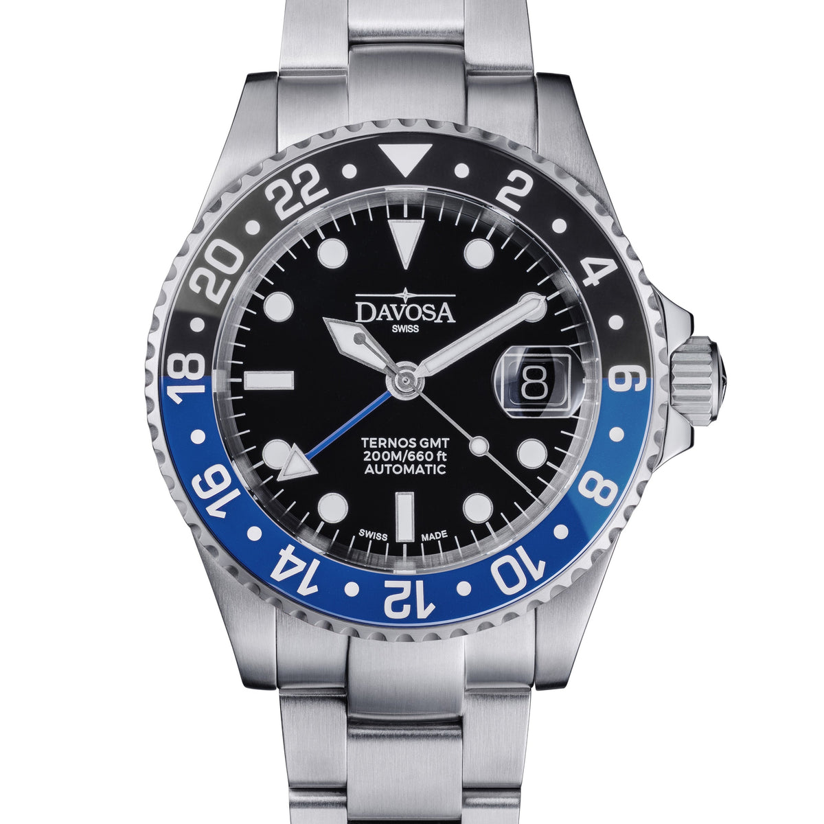 DAVOSA Ternos GMT 40mm Automatic - Swiss Made Dual Time Zone Diver’s Watch - Blue and Black GMT DAVOSA Swiss TriaLink With Date loupe