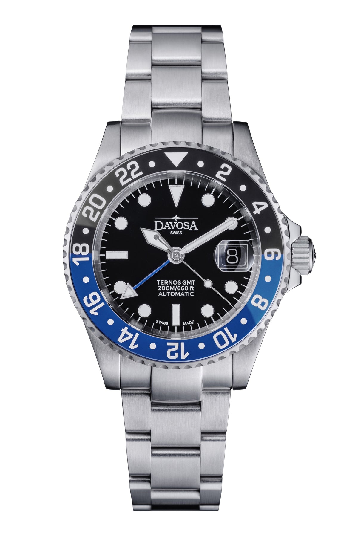DAVOSA Ternos GMT 40mm Automatic - Swiss Made Dual Time Zone Diver’s Watch - Blue and Black GMT DAVOSA Swiss TriaLink With Date loupe