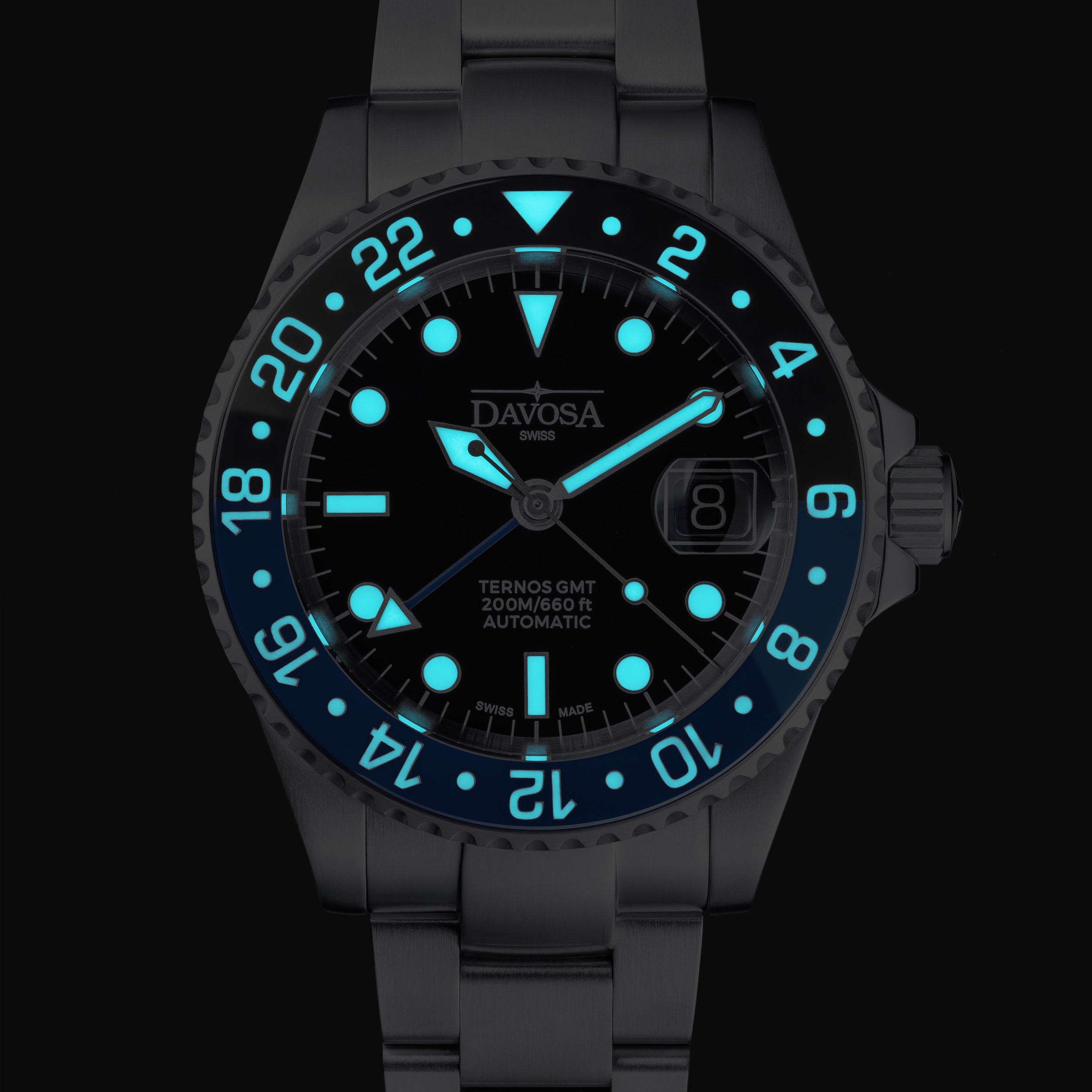 DAVOSA Ternos GMT 40mm Automatic - Swiss Made Dual Time Zone Diver’s Watch - Blue and Black without Loupe Ref. 161.563.40 GMT Davosa USA Official Distributor. Prices are Final. Tax & duties included.