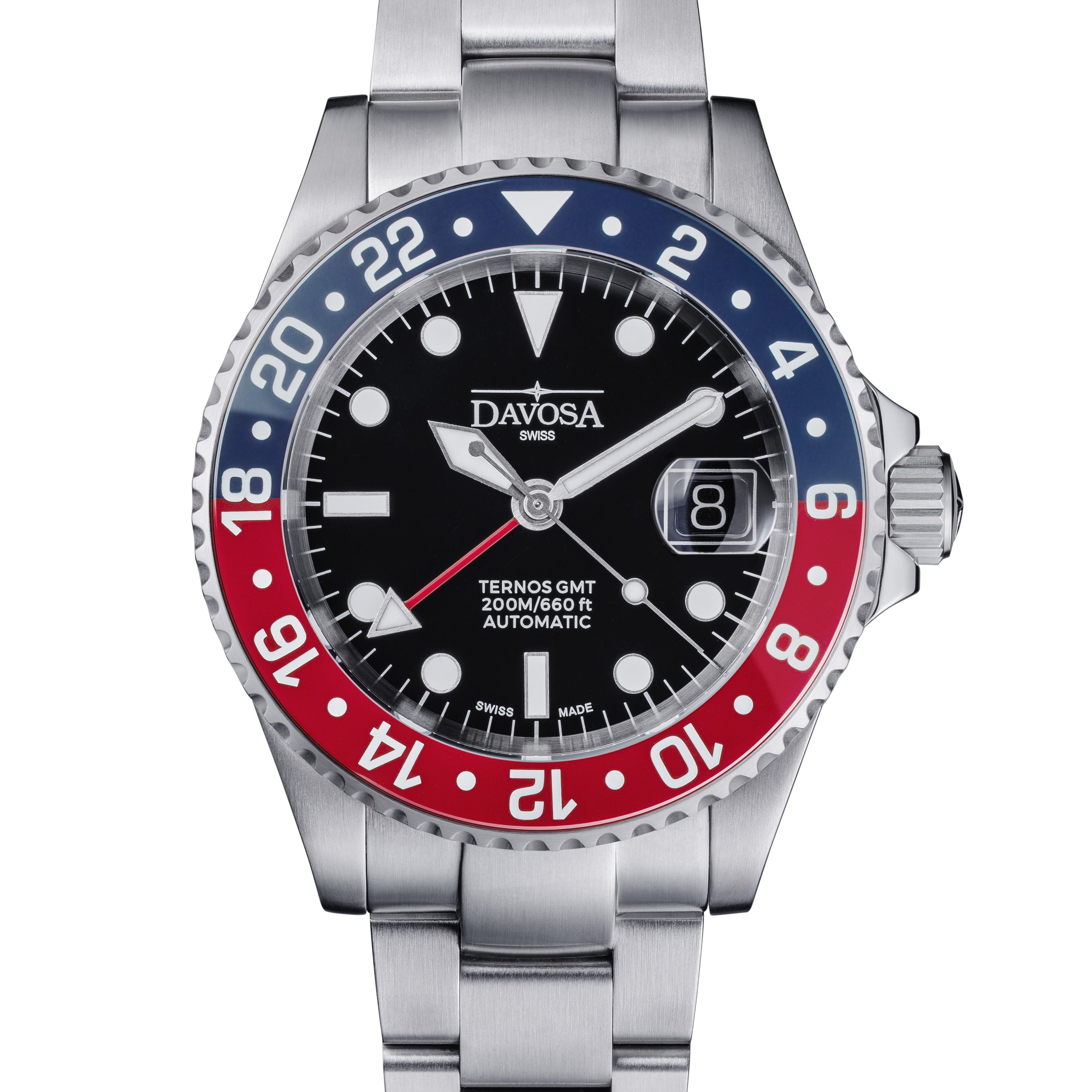 DAVOSA Ternos GMT 40mm Automatic - Swiss Made Dual Time Zone Diver’s Watch - Blue and Red with Loupe Ref. 161.564.60 GMT Davosa USA Official Distributor. Prices are Final. Tax & duties included.