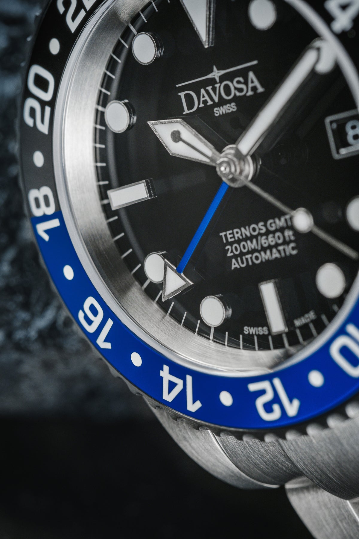 DAVOSA Ternos GMT 40mm Automatic - Swiss Made Dual Time Zone Diver’s Watch - Blue and Black without Loupe Ref. 161.563.04 GMT DAVOSA Swiss