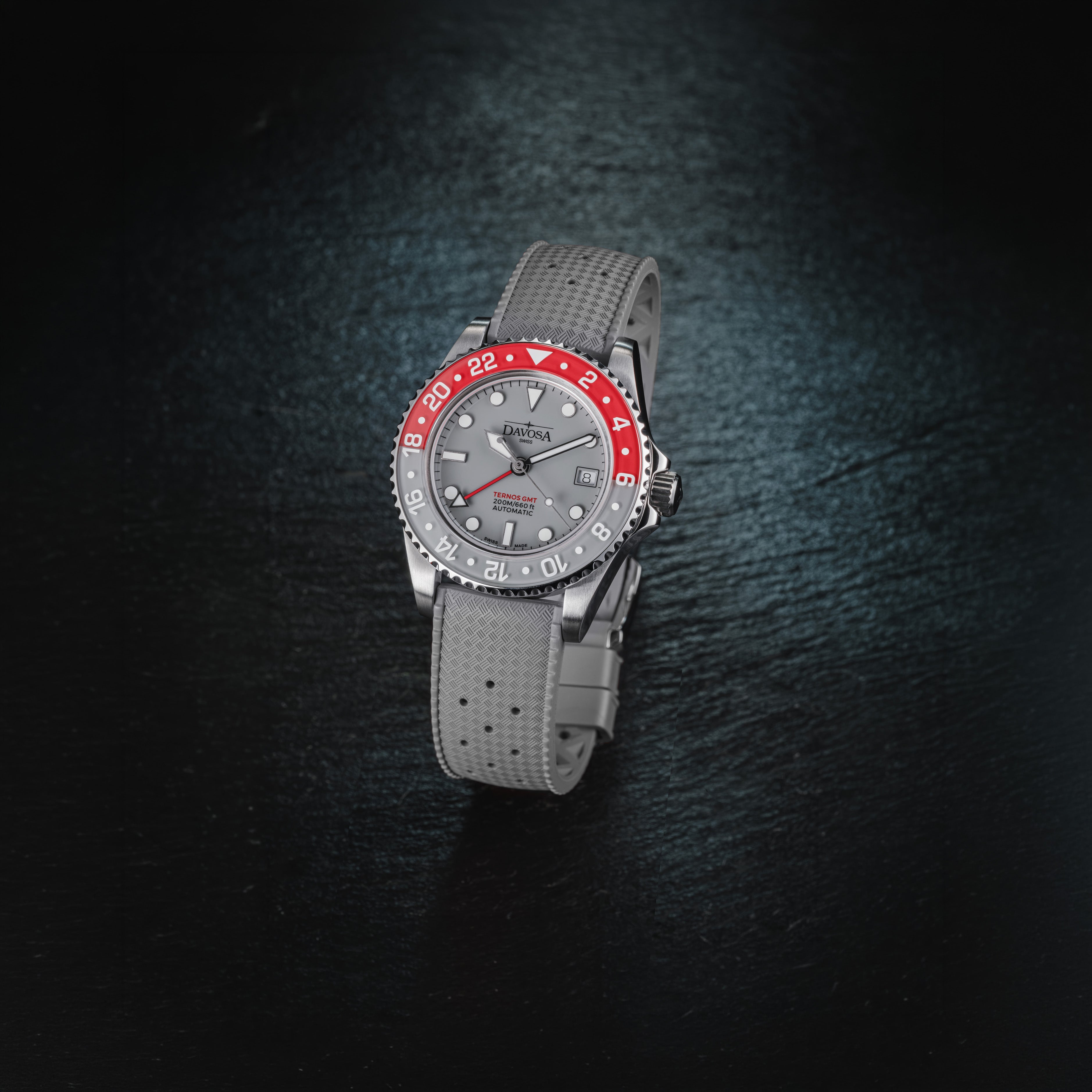 Ternos GMT Lucent Automatic 200m GMT Grey Grey-Red Grey Rubber Watch 161.594.15 GMT Davosa USA