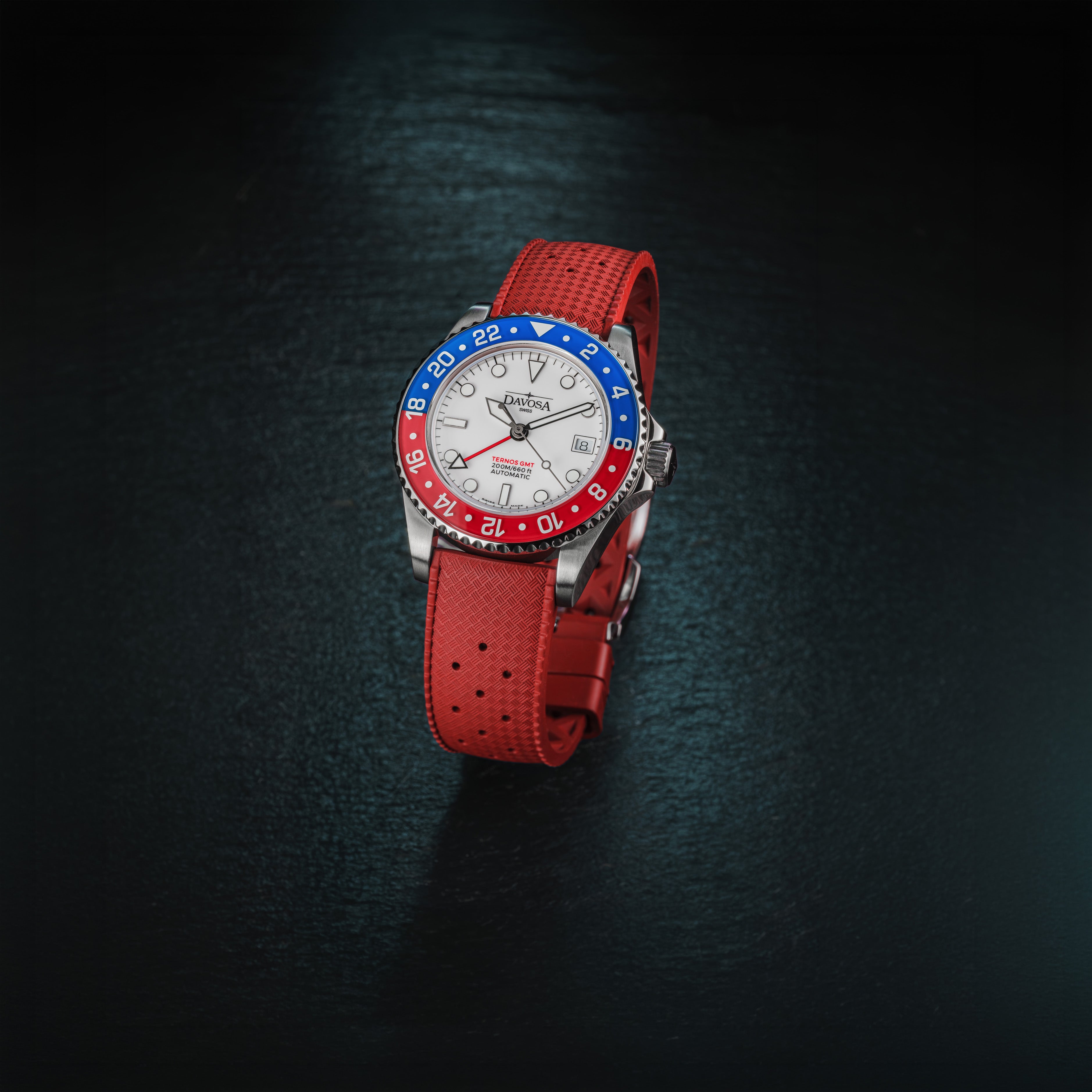 Ternos GMT Lucent Automatic 200m GMT White Blue-Red Red Rubber Watch 161.593.65 GMT Davosa USA Official Distributor. Prices are Final. Tax & duties included.
