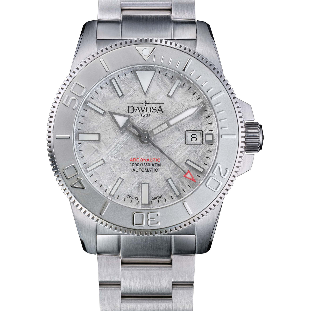 Davosa Argonautic Meteorite 161.544.10 automatic diver watch, front view of the Muonionalusta meteorite dial on a stainless steel bracelet