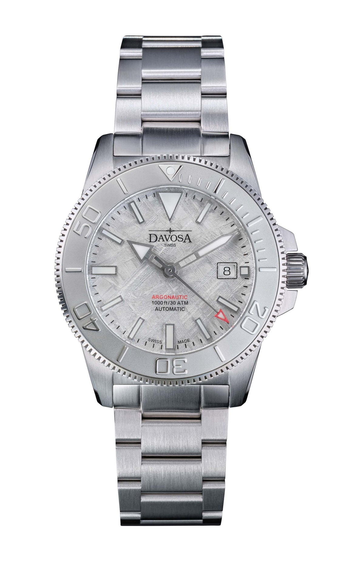 Davosa Argonautic Meteorite 161.544.10 automatic diver watch, front view of the Muonionalusta meteorite dial on a stainless steel bracelet