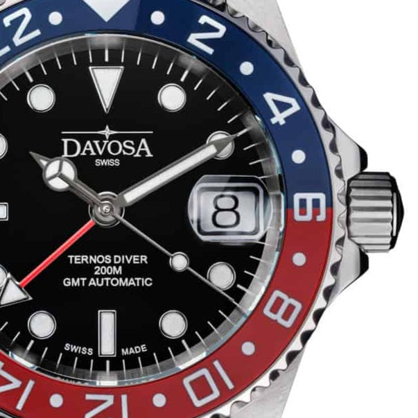Ternos Ceramic Automatic GMT Swiss-Made Blue Red Diving Watch 16159006 GMT Davosa USA Official Distributor. Prices are Final. Tax & duties included.