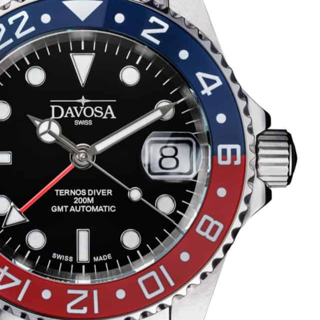 Ternos Ceramic Automatic GMT Swiss-Made Blue Red Diving Watch 16159060 GMT Davosa USA Official Distributor. Prices are Final. Tax & duties included.