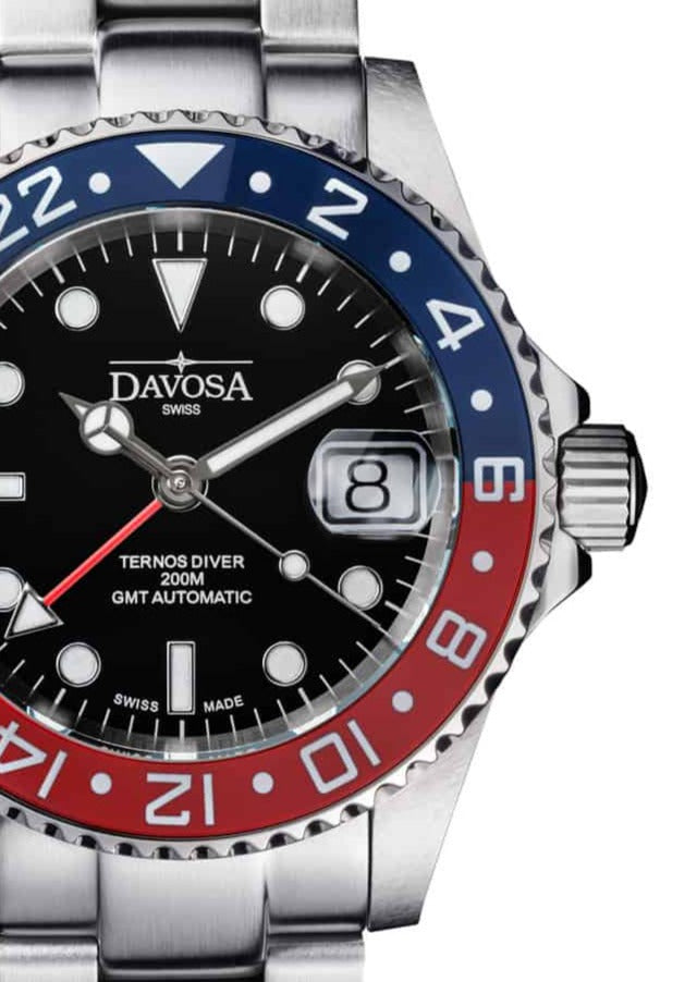 Ternos Ceramic Automatic GMT Swiss-Made Blue Red Diving Watch 16159060 GMT Davosa USA Official Distributor. Prices are Final. Tax & duties included.