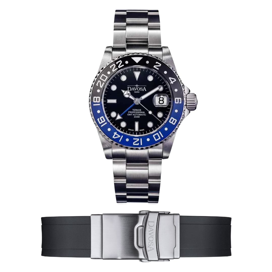 Ternos Professional GMT Black Blue 16157145 + Extra Rubber Strap Bundle Watches Davosa USA Official Distributor. Prices are Final. Tax & duties included.