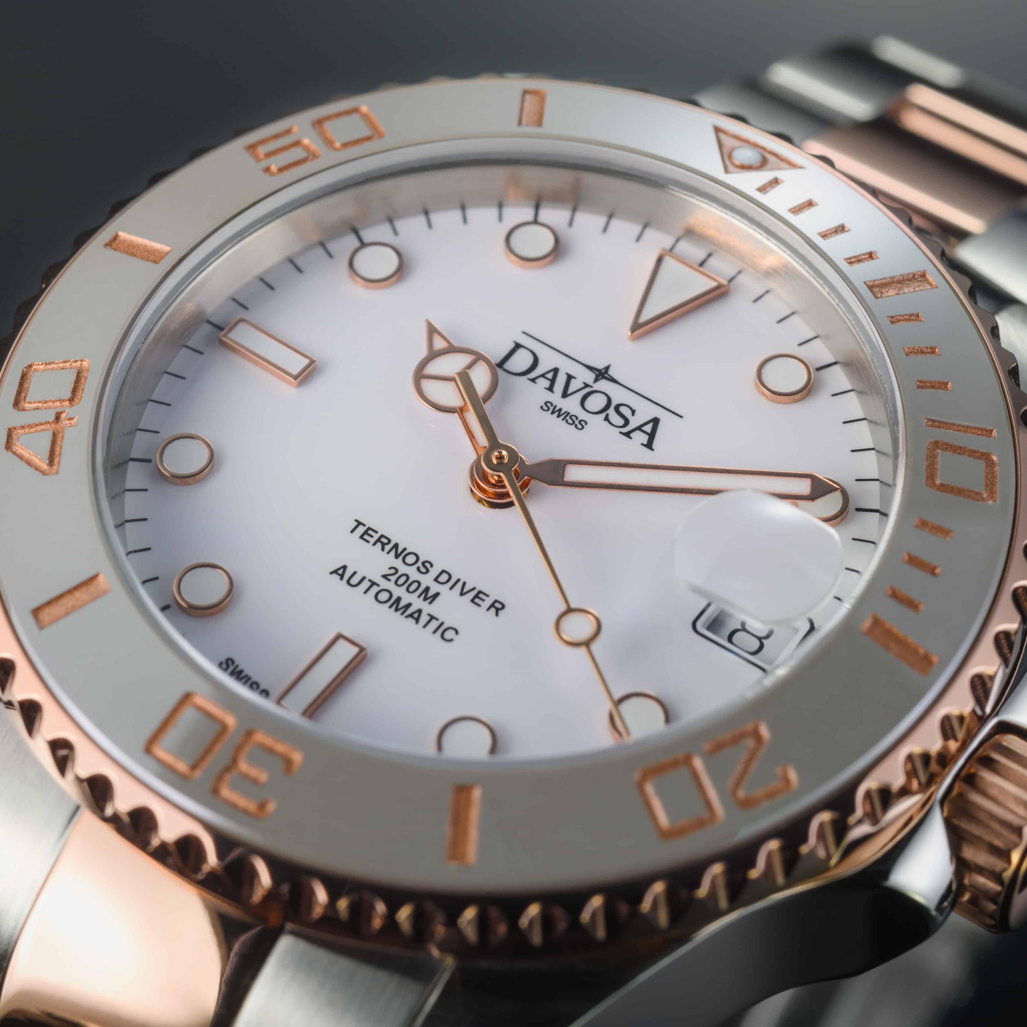 Ternos Medium Automatic 200m White Dial Two Tone Rose Gold Diver Watch 16619620 Diver Davosa USA Official Distributor. Prices are Final. Tax & duties included.