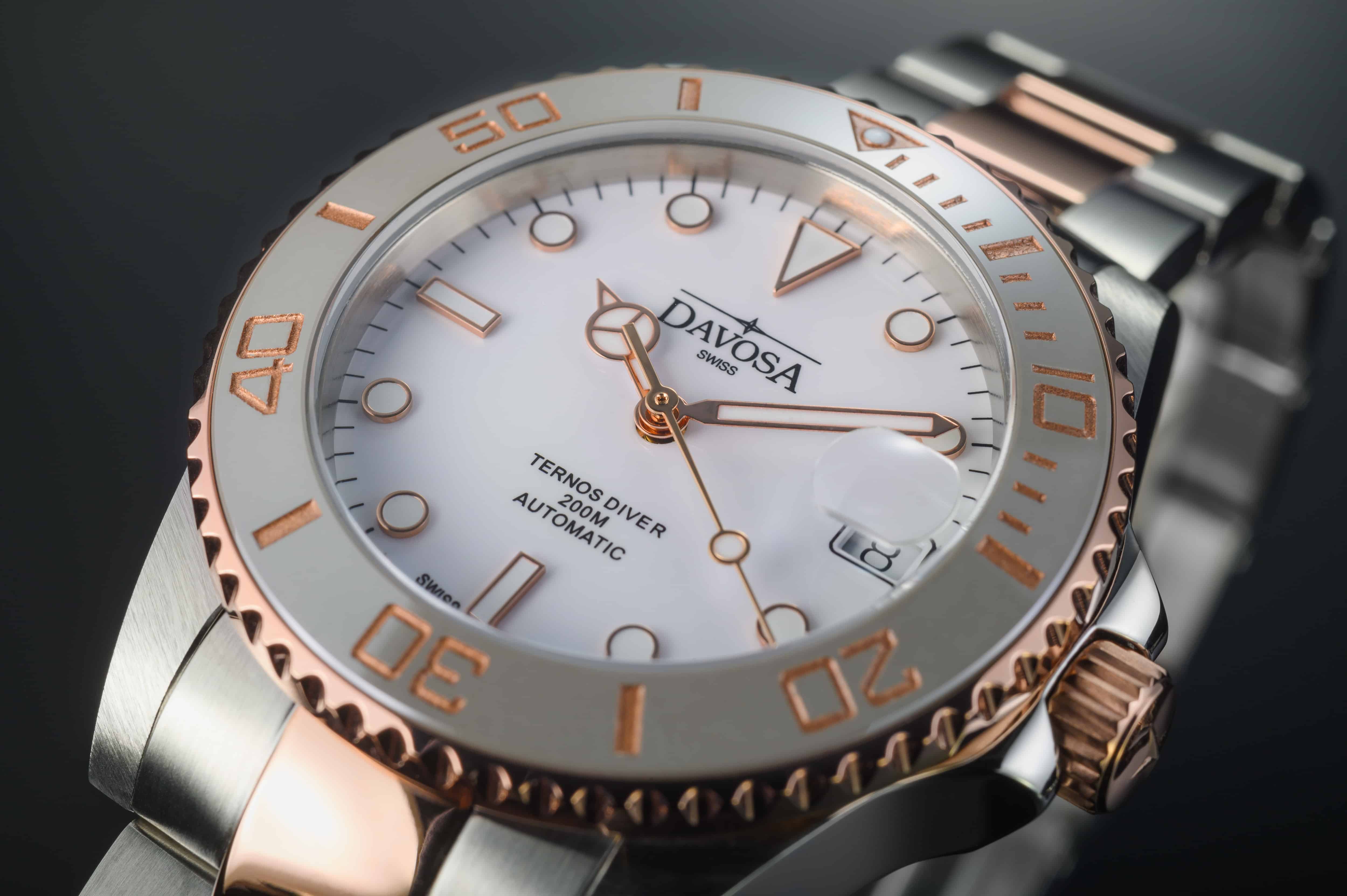 Ternos Medium Automatic 200m White Dial Two Tone Rose Gold Diver Watch 16619620 Diver Davosa USA Official Distributor. Prices are Final. Tax & duties included.