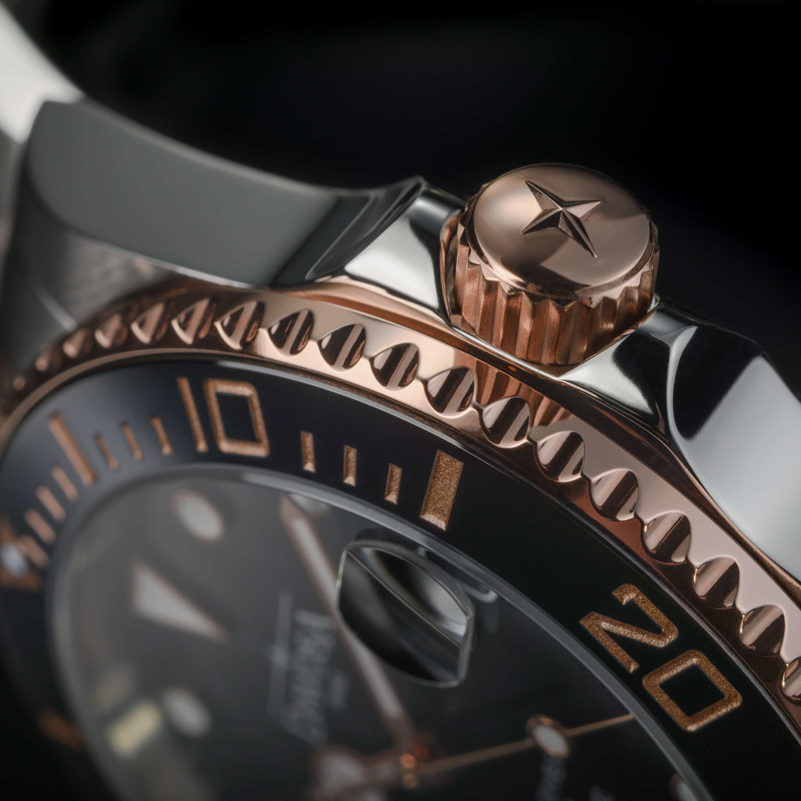 Ternos Medium Automatic Black Rose Gold Diving Watch 16619605 Diver Davosa USA Official Distributor. Prices are Final. Tax & duties included.