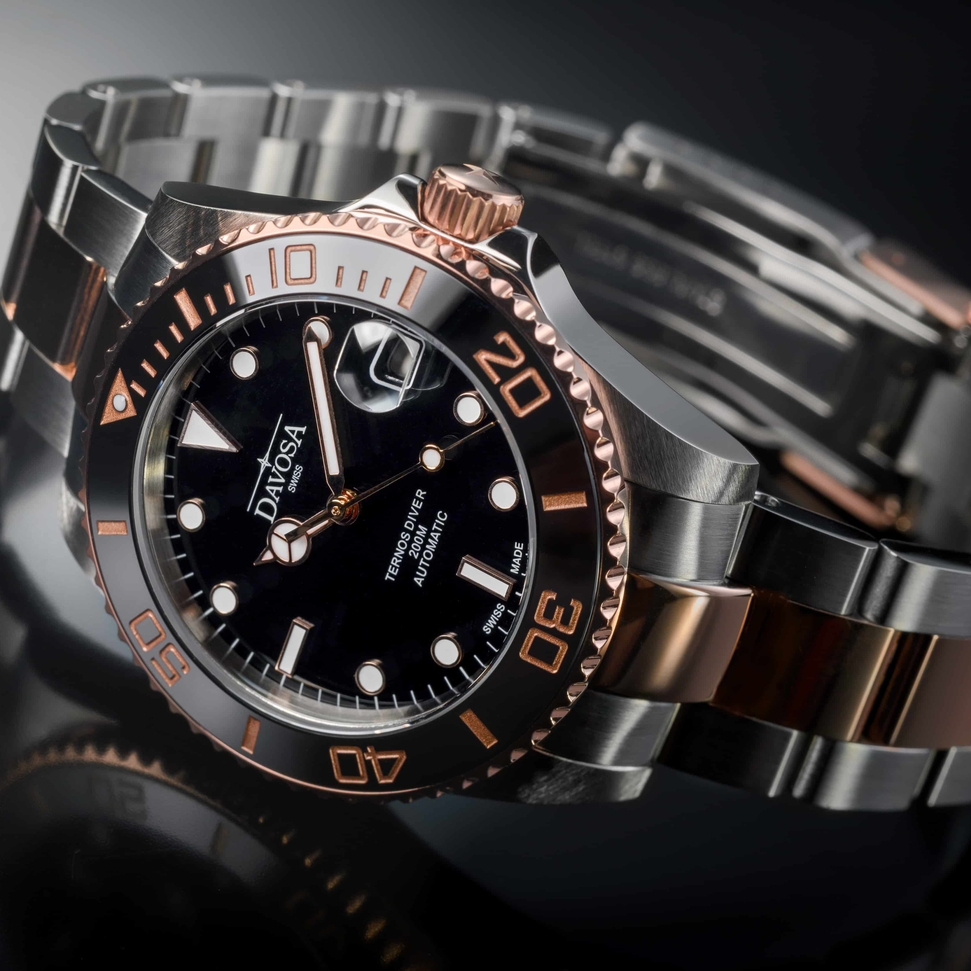 Ternos Medium Automatic Black Rose Gold Diving Watch 16619650 Diver Davosa USA Official Distributor. Prices are Final. Tax & duties included.