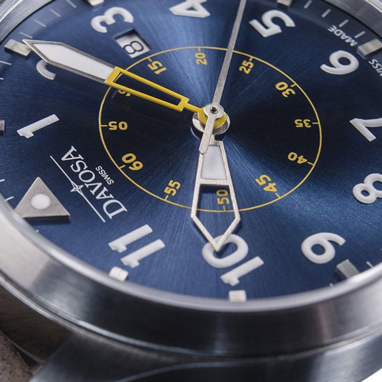 Neoteric Automatic Swiss-Made Blue Yellow Pilot Watch 16156546 Pilot Davosa USA Official Distributor. Prices are Final. Tax & duties included.