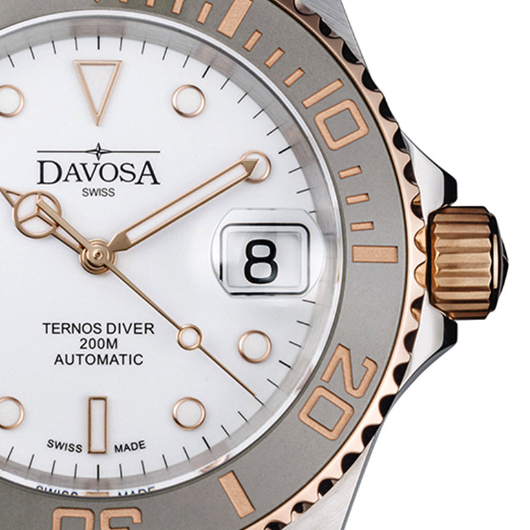 Ternos Ceramic Automatic Swiss-Made White Rose Gold Diving Watch 16155563 Diver Davosa USA Official Distributor. Prices are Final. Tax & duties included.