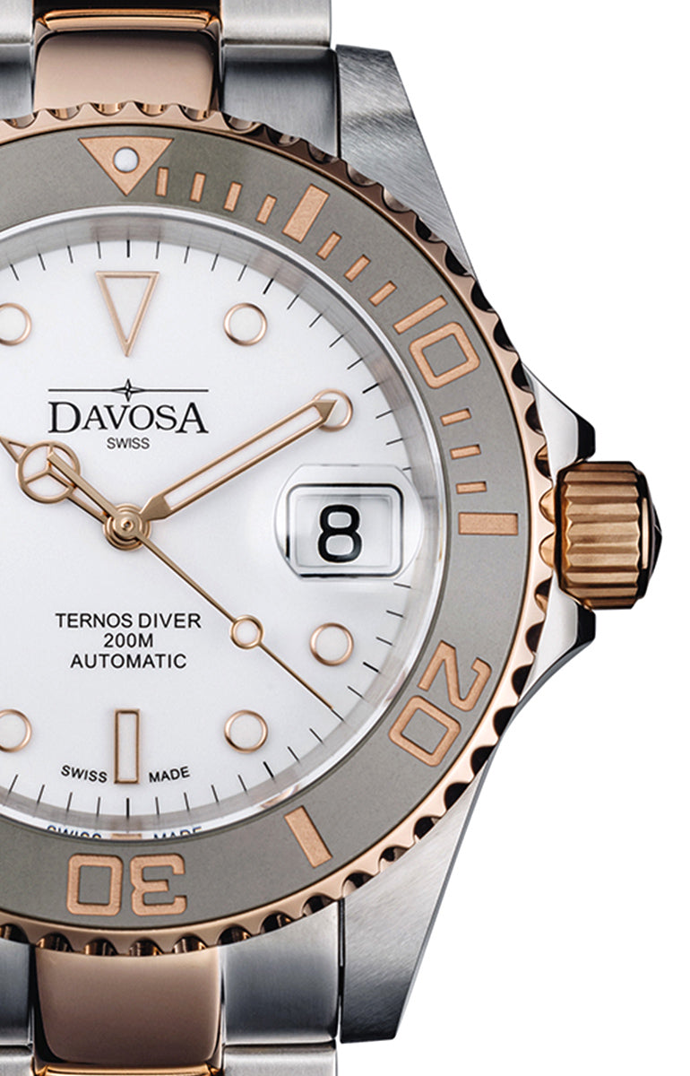 Ternos Ceramic Automatic Swiss-Made White Rose Gold Diving Watch 16155563 Diver Davosa USA Official Distributor. Prices are Final. Tax & duties included.