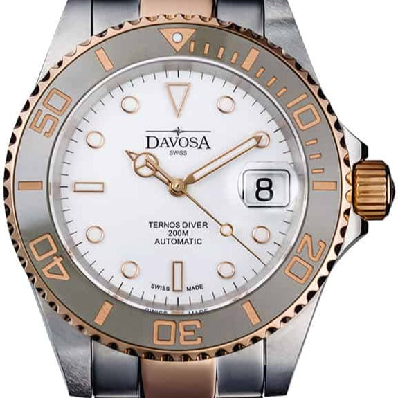 Ternos Ceramic Automatic Swiss-Made White Rose Gold Diving Watch 16155563 Diver Davosa USA Official Distributor. Prices are Final. Tax & duties included.