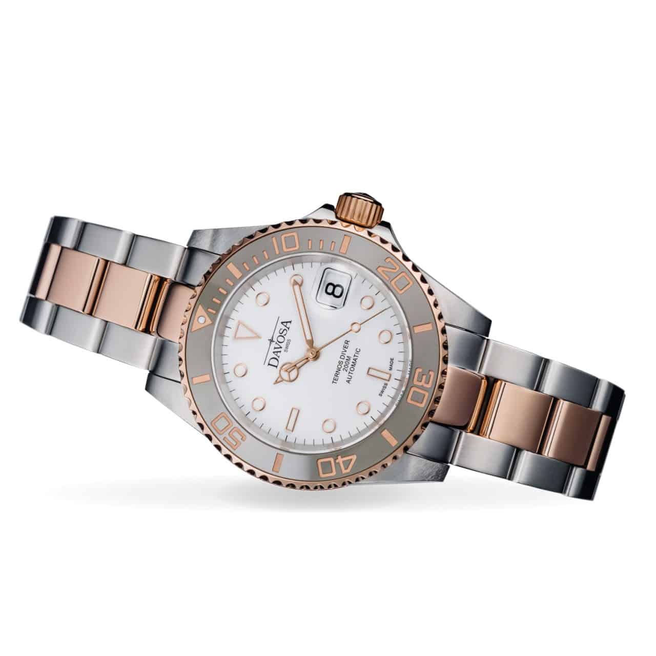 Ternos Ceramic Automatic Swiss-Made White Rose Gold Diving Watch 16155563 Diver Davosa USA Official Distributor. Prices are Final. Tax & duties included.