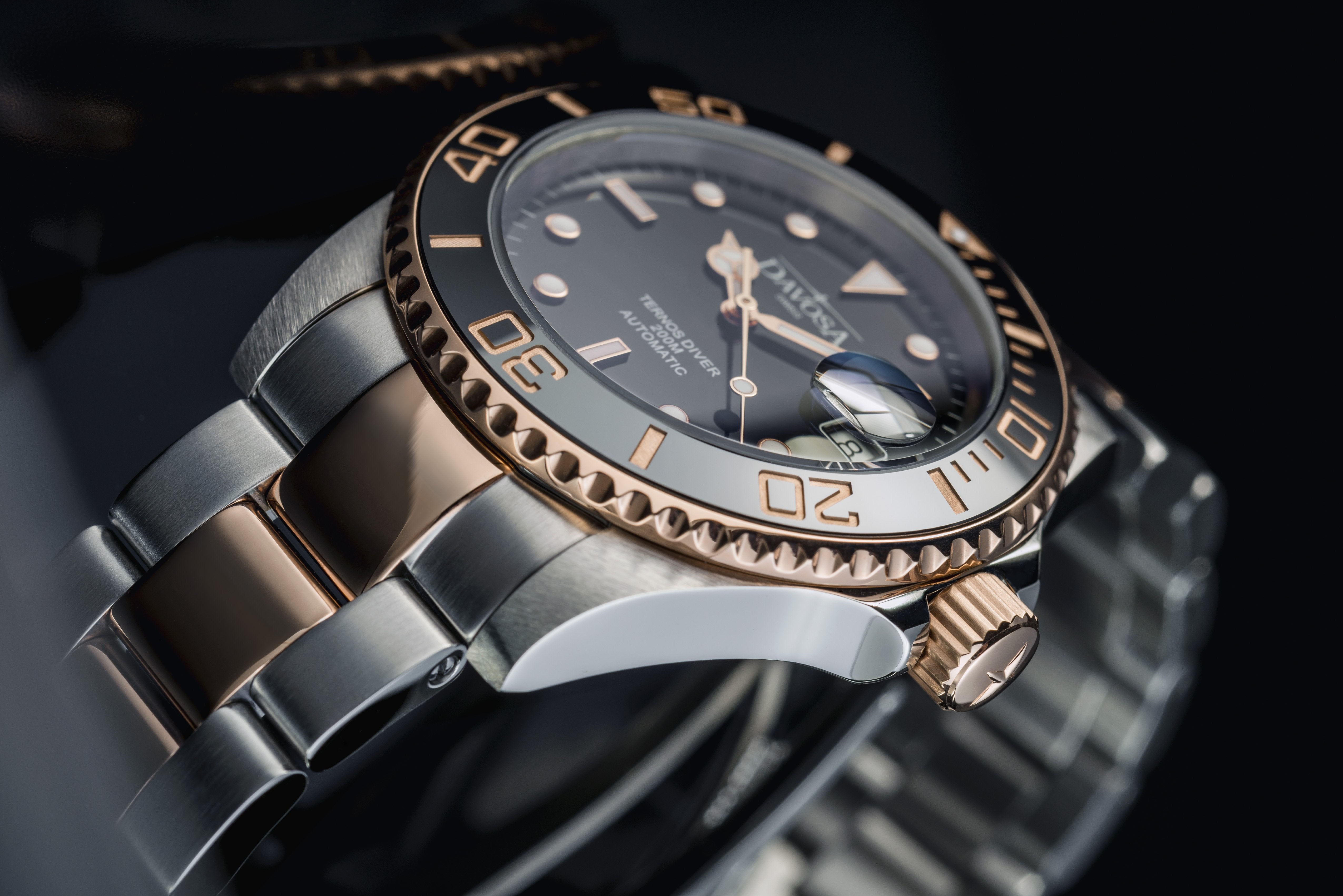 Ternos Ceramic Automatic Swiss-Made Black Rose Gold Diving Watch 16155565 Diver Davosa USA Official Distributor. Prices are Final. Tax & duties included.