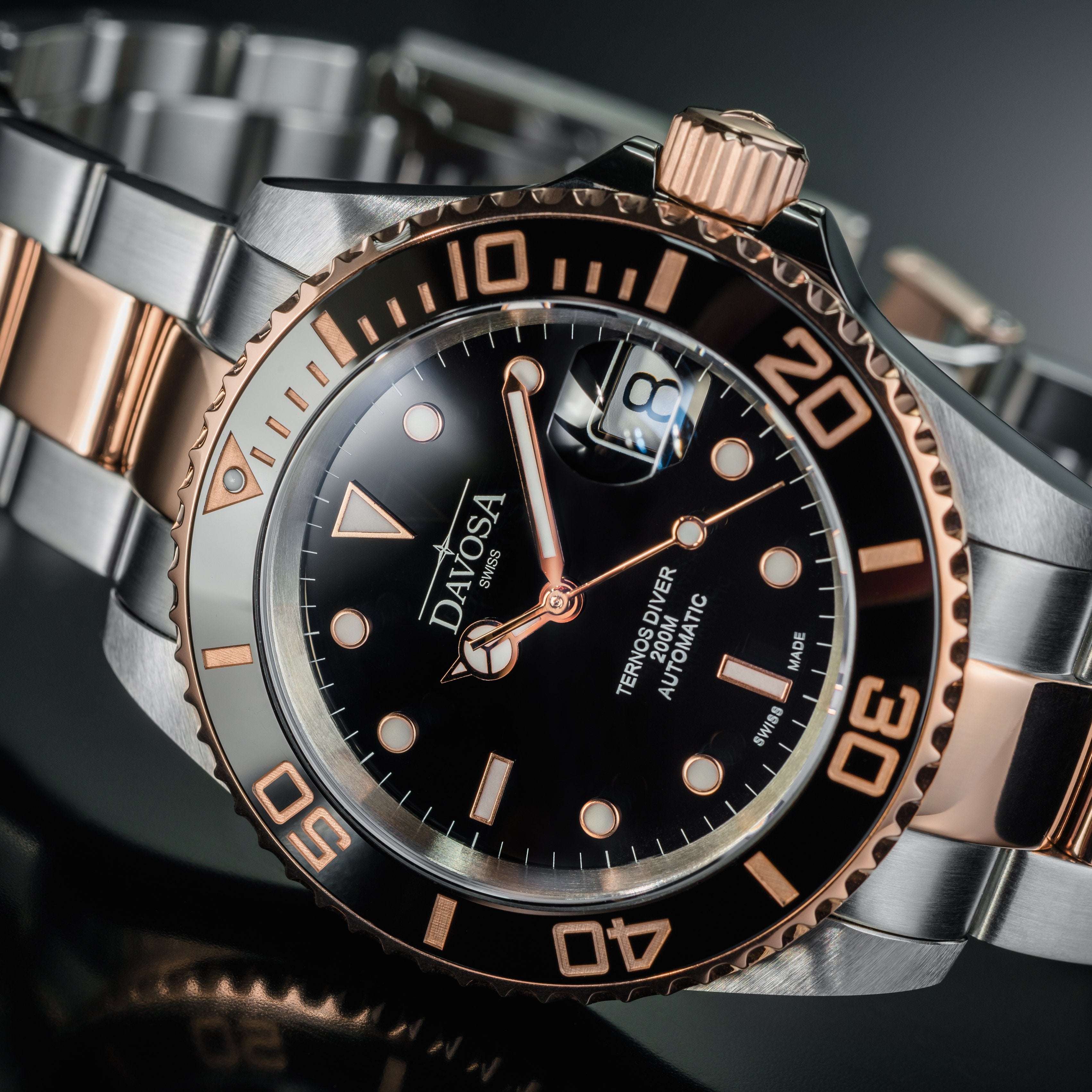Ternos Ceramic Automatic Swiss-Made Black Rose Gold Diving Watch 16155565 Diver Davosa USA Official Distributor. Prices are Final. Tax & duties included.