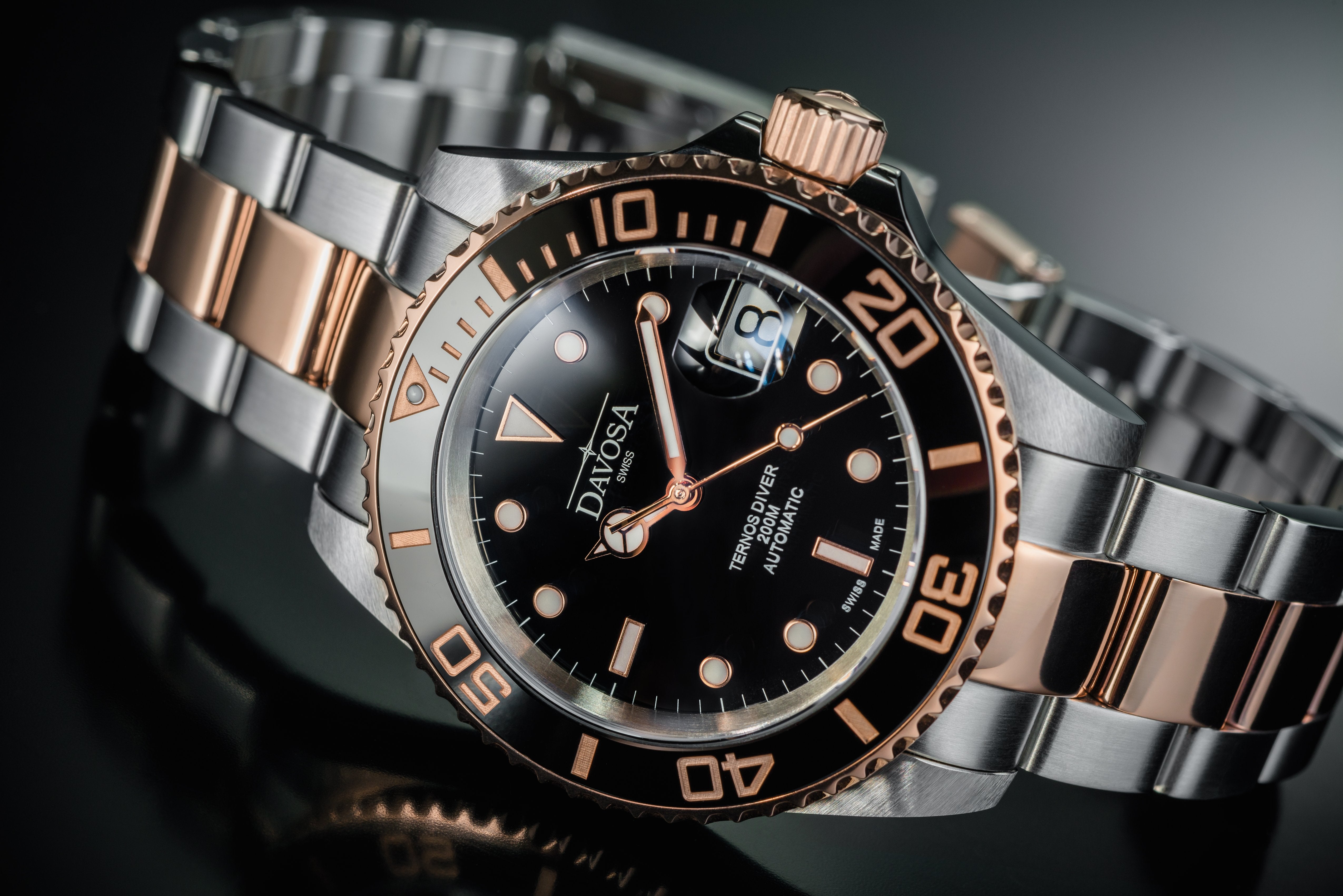Ternos Ceramic Automatic Swiss-Made Black Rose Gold Diving Watch 16155565 Diver Davosa USA Official Distributor. Prices are Final. Tax & duties included.