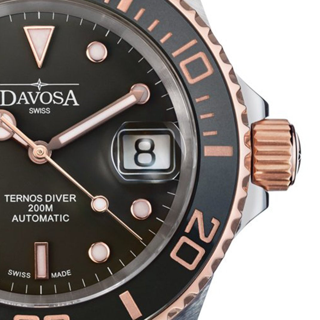 Ternos Ceramic Automatic Swiss-Made Black Rose Gold Diving Watch 16155565 Diver Davosa USA Official Distributor. Prices are Final. Tax & duties included.