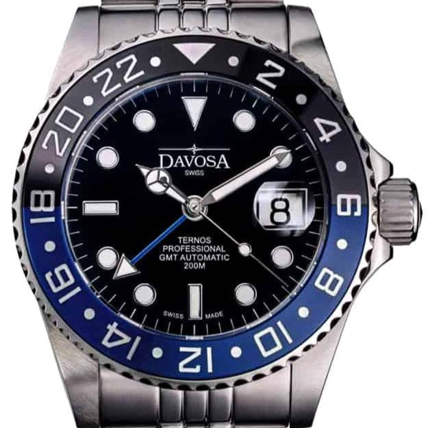 Ternos Professional Automatic 200m GMT Black Blue Diving Watch 16157104 GMT Davosa USA Official Distributor. Prices are Final. Tax & duties included. 42mm Black-Blue PentaLink
