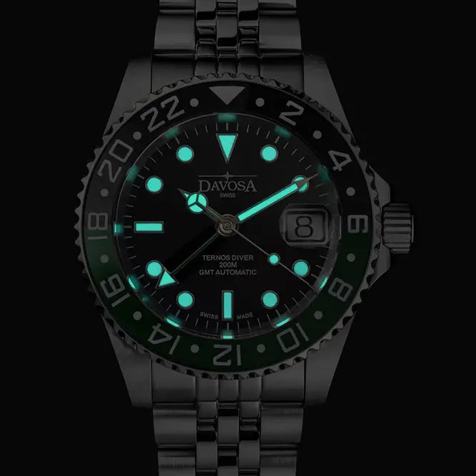 Ternos Ceramic Automatic GMT Swiss-Made Black Green Diving Watch 16159007 GMT Davosa USA Official Distributor. Prices are Final. Tax & duties included.