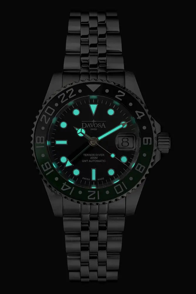 Ternos Ceramic Automatic GMT Swiss-Made Black Green Diving Watch 16159007 GMT Davosa USA Official Distributor. Prices are Final. Tax & duties included.