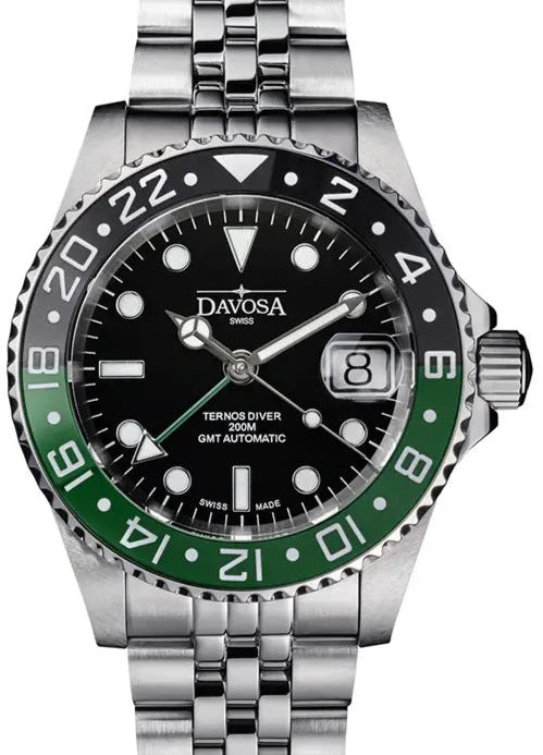 Ternos Ceramic Automatic GMT Swiss-Made Black Green Diving Watch 16159007 GMT Davosa USA Official Distributor. Prices are Final. Tax & duties included.