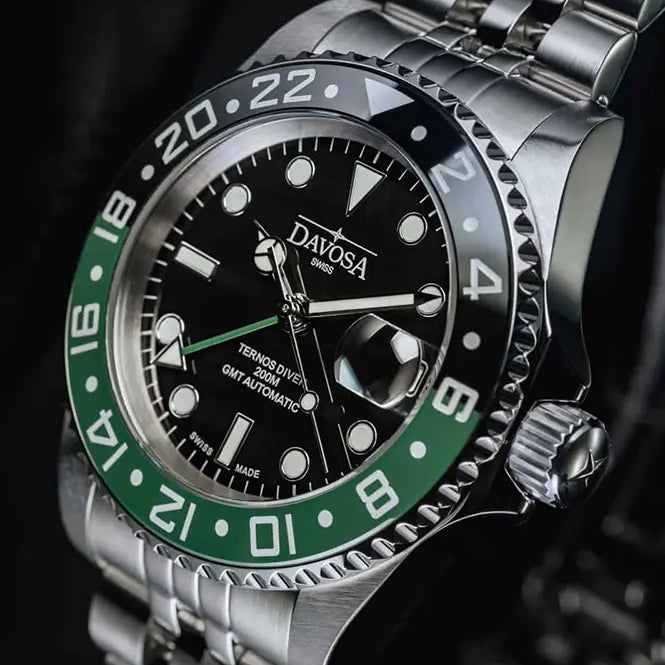 Ternos Ceramic Automatic GMT Swiss-Made Black Green Diving Watch 16159007 GMT Davosa USA Official Distributor. Prices are Final. Tax & duties included.