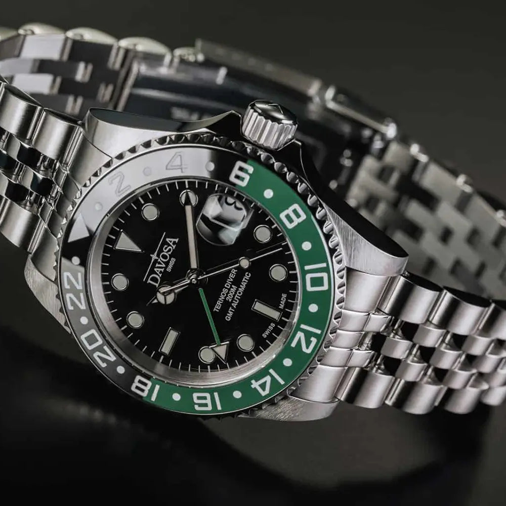 Ternos Ceramic Automatic GMT Swiss-Made Black Green Diving Watch 16159007 GMT Davosa USA Official Distributor. Prices are Final. Tax & duties included.