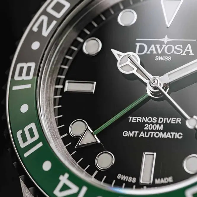 Ternos Ceramic Automatic GMT Swiss-Made Black Green Diving Watch 16159007 GMT Davosa USA Official Distributor. Prices are Final. Tax & duties included.