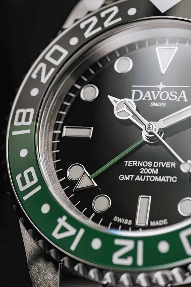 Ternos Ceramic Automatic GMT Swiss-Made Black Green Diving Watch 16159007 GMT Davosa USA Official Distributor. Prices are Final. Tax & duties included.