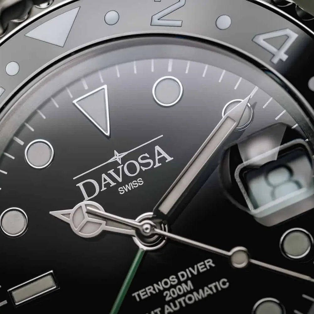 Ternos Ceramic Automatic GMT Swiss-Made Black Green Diving Watch 16159007 GMT Davosa USA Official Distributor. Prices are Final. Tax & duties included.