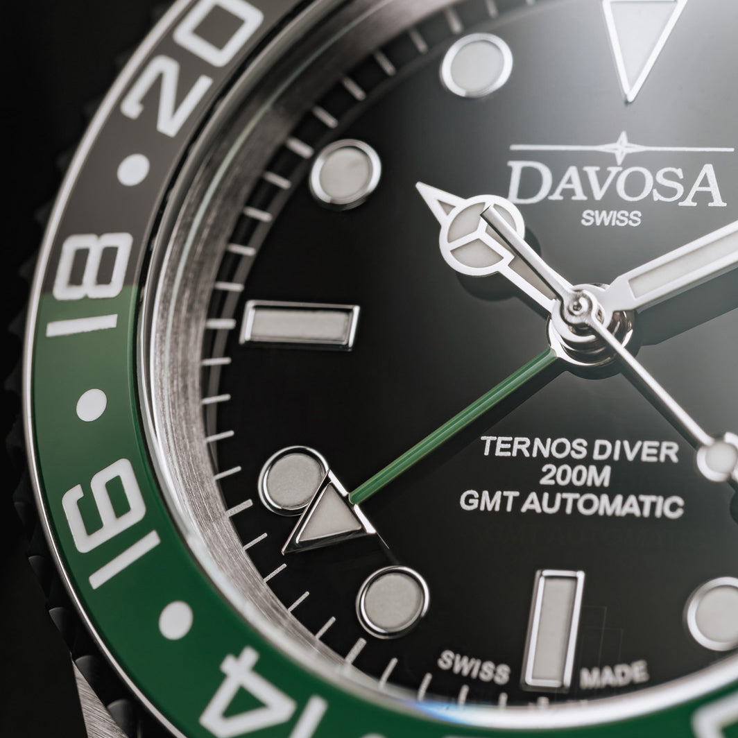 Ternos Ceramic Automatic GMT Swiss-Made Black Green Diving Watch 16159070 GMT Davosa USA Official Distributor. Prices are Final. Tax & duties included.