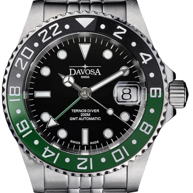 Ternos Ceramic Automatic GMT Swiss-Made Diving Watch PentaLink Bracelet GMT Davosa USA Official Distributor. Prices are Final. Tax & duties included. 40mm Green PentaLink