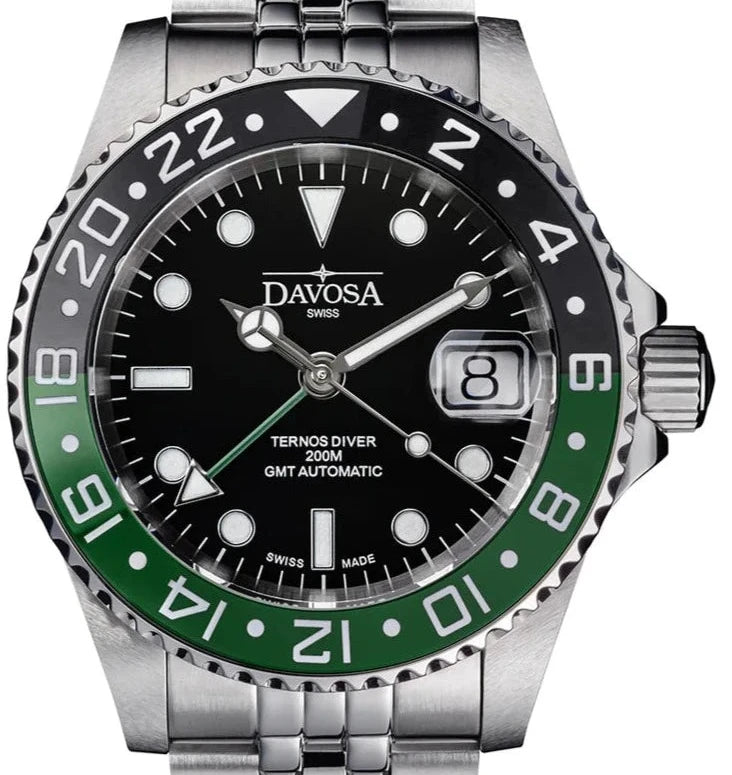 Ternos Ceramic Automatic GMT Swiss-Made Diving Watch PentaLink Bracelet GMT Davosa USA Official Distributor. Prices are Final. Tax & duties included. 40mm Green PentaLink