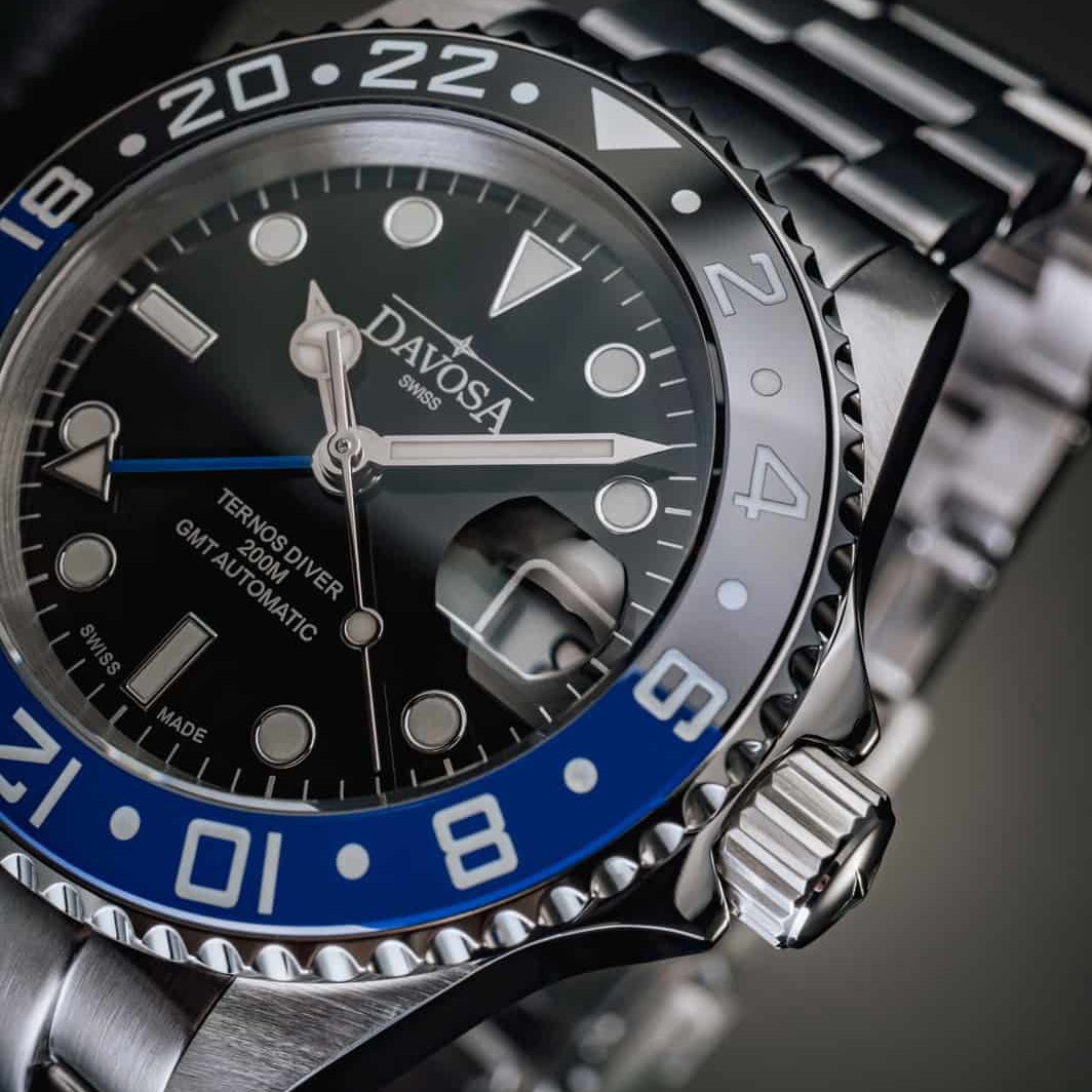 Ternos Ceramic Automatic GMT Swiss-Made Black Blue Diving Watch 16159040 GMT Davosa USA Official Distributor. Prices are Final. Tax & duties included.