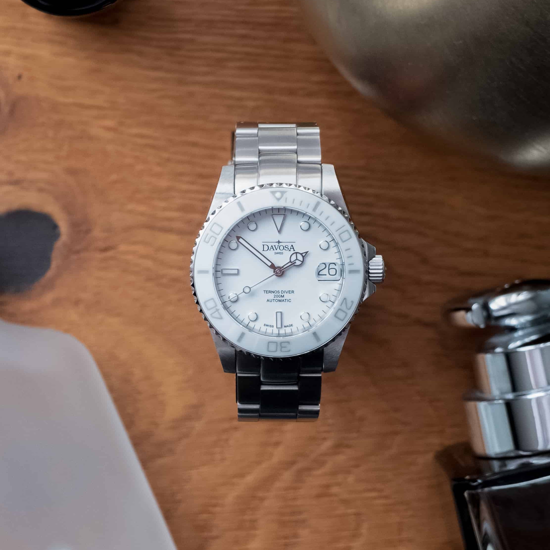 Ternos Medium Automatic Swiss-Made White Diving Watch 16619510 Diver Davosa USA Official Distributor. Prices are Final. Tax & duties included.