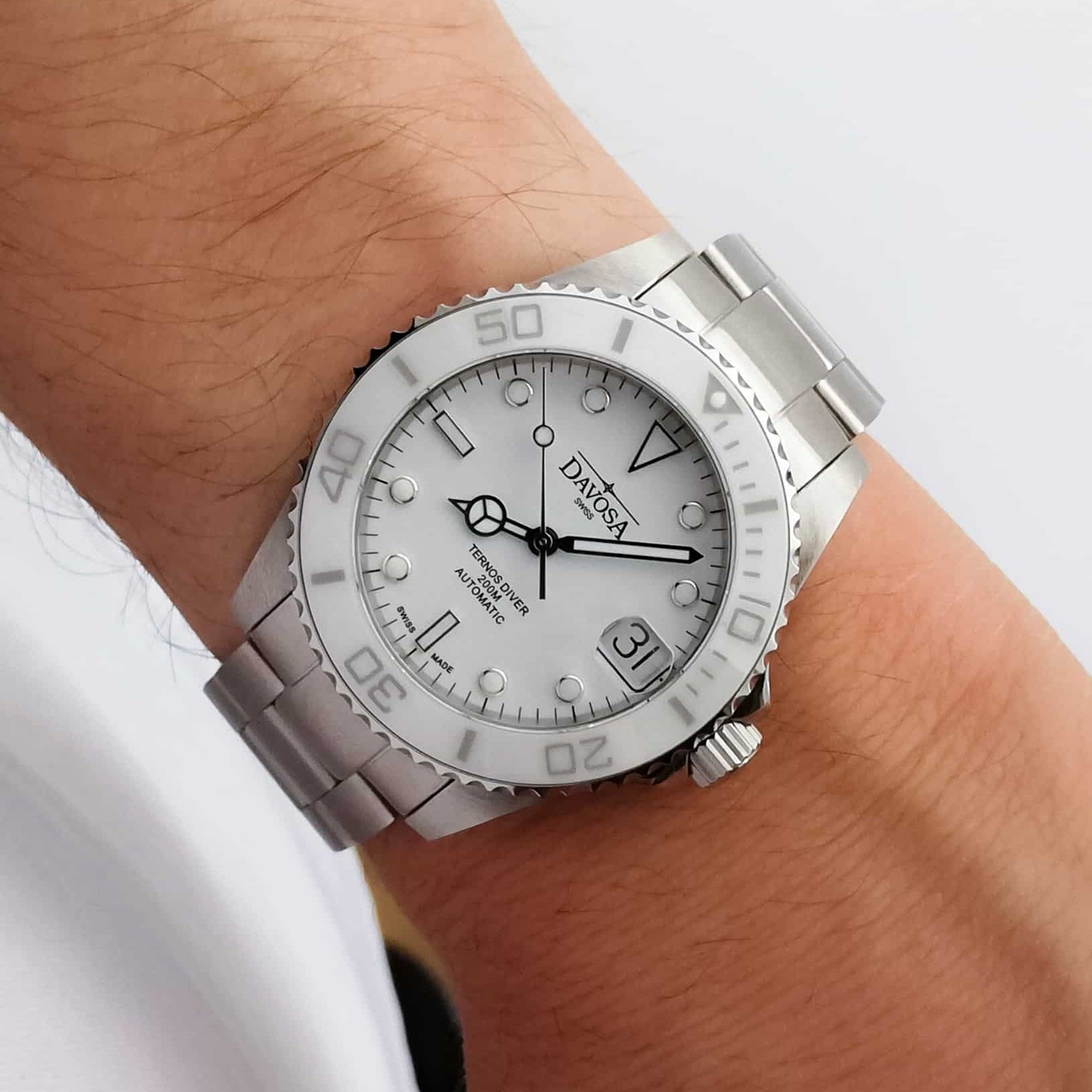 Ternos Medium Automatic Swiss-Made White Diving Watch 16619510 Diver Davosa USA Official Distributor. Prices are Final. Tax & duties included.