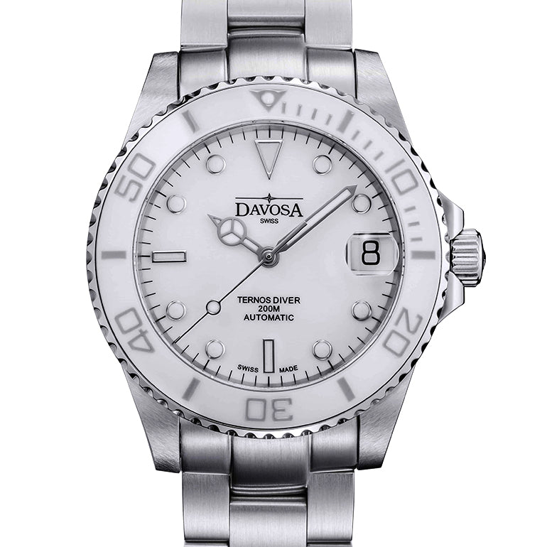 Ternos Medium Automatic Swiss-Made White Diving Watch 16619510 Diver Davosa USA Official Distributor. Prices are Final. Tax & duties included.