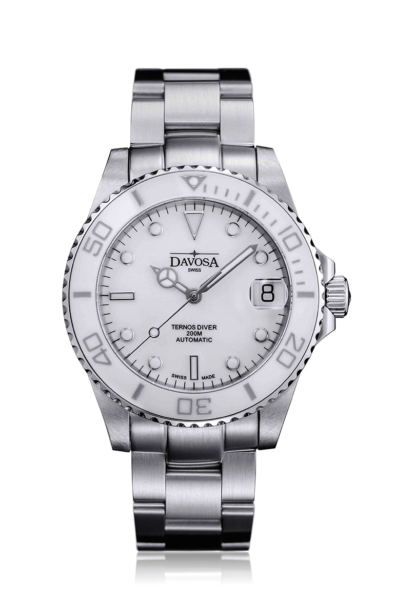 Ternos Medium Automatic Swiss-Made White Diving Watch 16619510 Diver Davosa USA Official Distributor. Prices are Final. Tax & duties included.