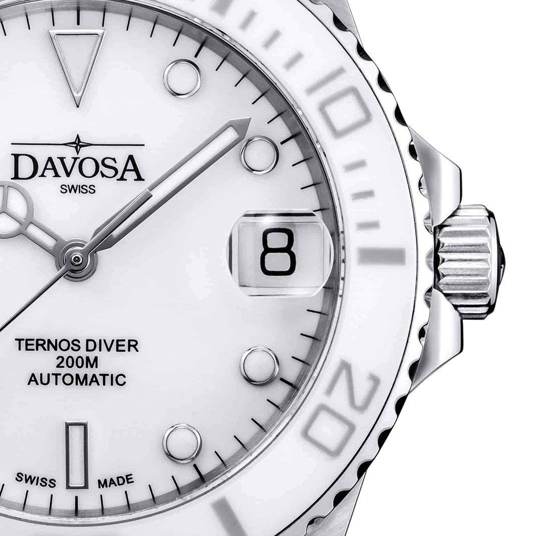 Ternos Medium Automatic Swiss-Made White Diving Watch 16619510 Diver Davosa USA Official Distributor. Prices are Final. Tax & duties included.