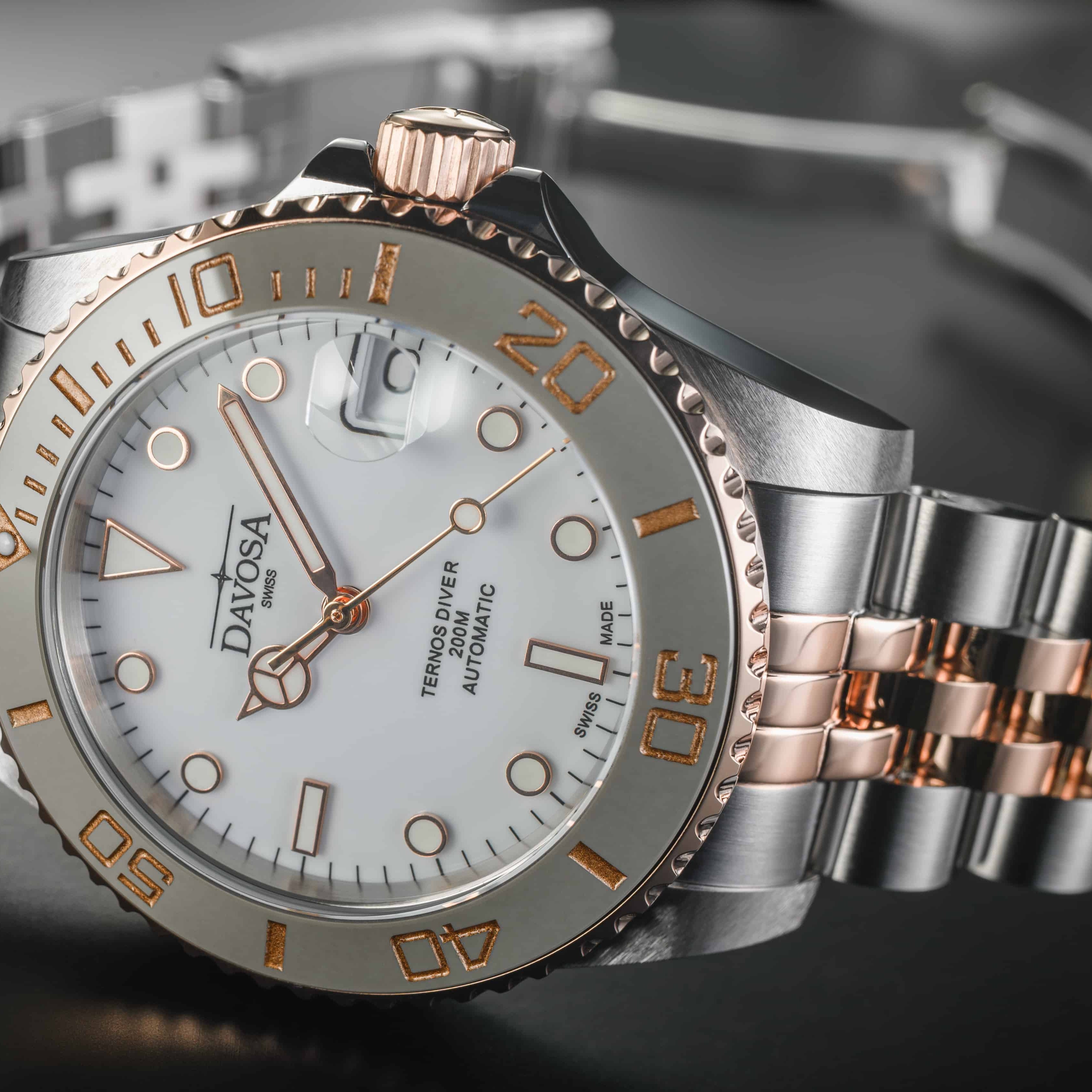 Ternos Medium Automatic White Rose Gold Diving Watch 16619602 Diver Davosa USA Official Distributor. Prices are Final. Tax & duties included.