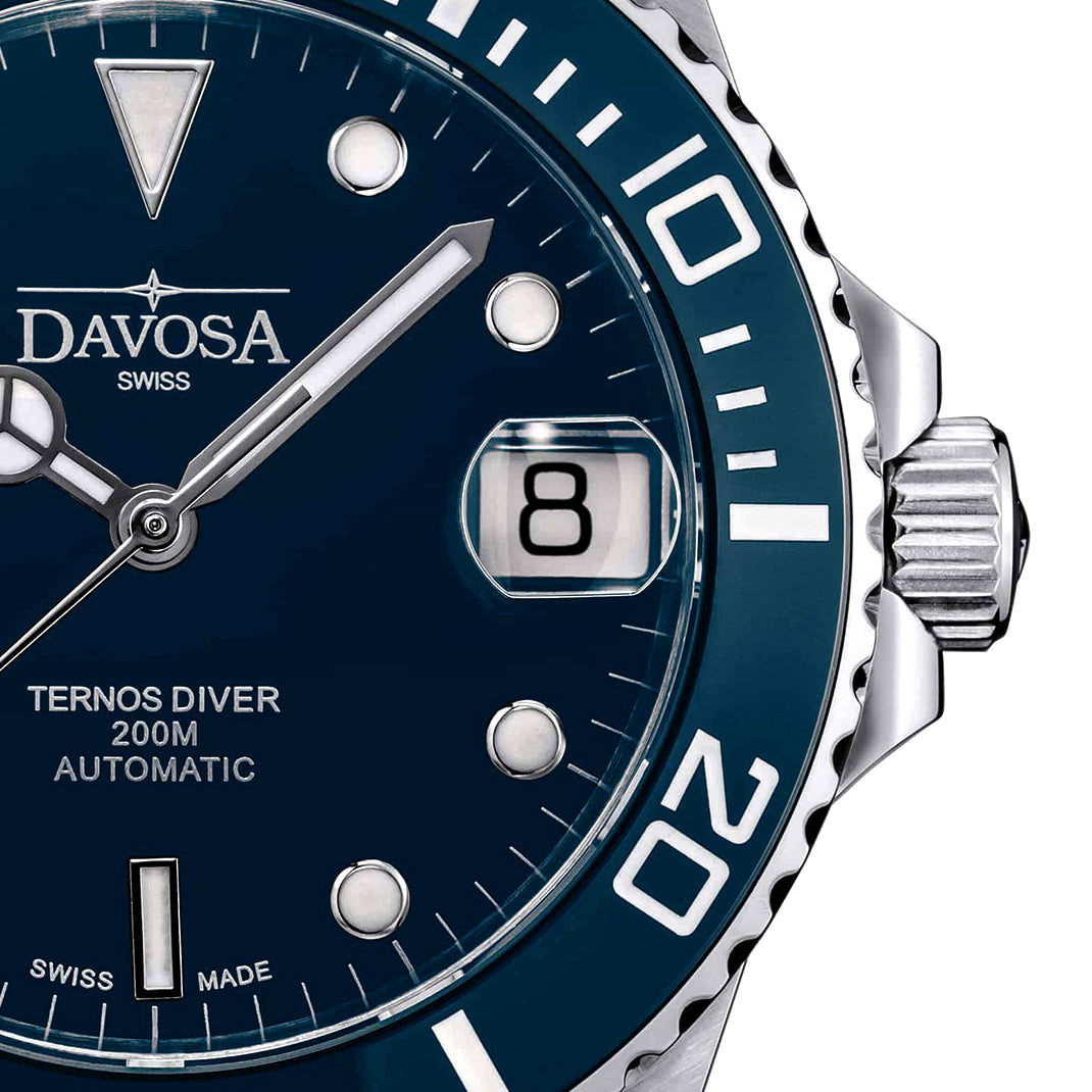 Ternos Medium Automatic 200m Swiss-Made Blue Men's Diver Watch 16619540 Diver Davosa USA Official Distributor. Prices are Final. Tax & duties included.