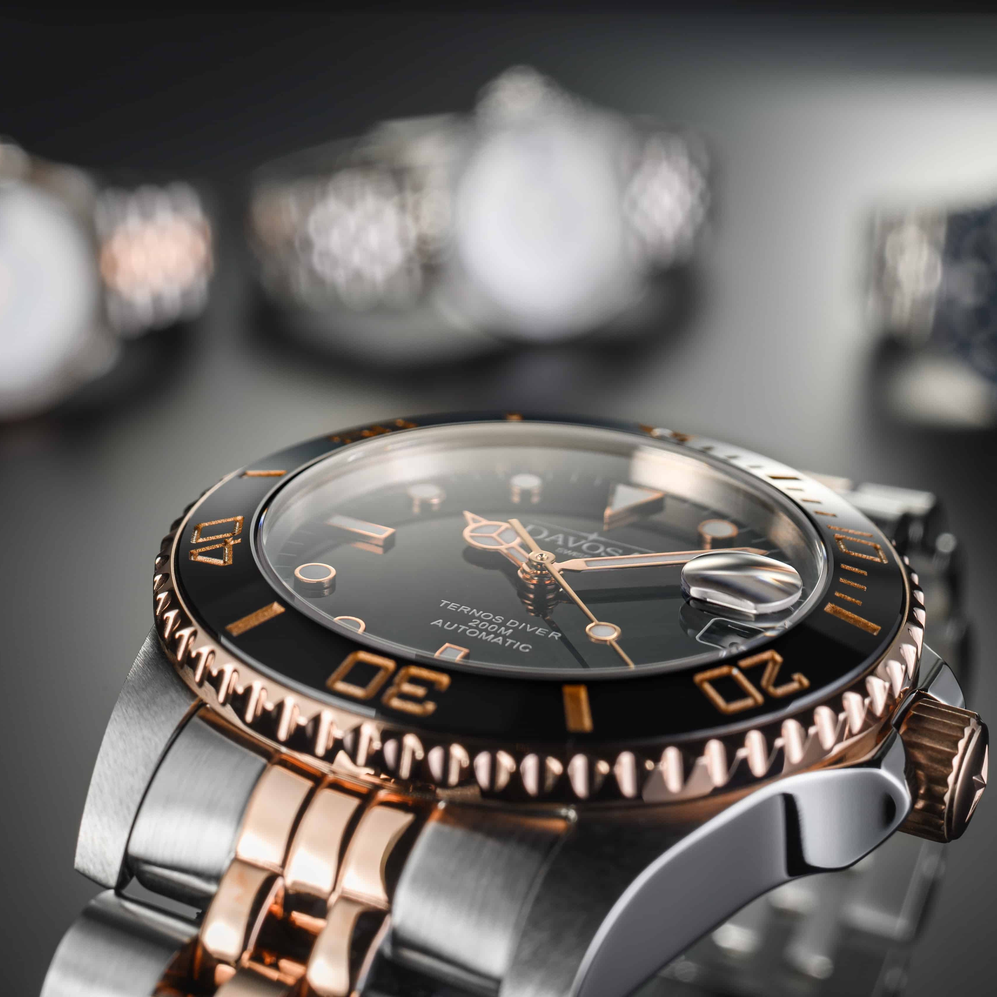 Ternos Medium Automatic Black Rose Gold Diving Watch 16619605 Diver Davosa USA Official Distributor. Prices are Final. Tax & duties included.