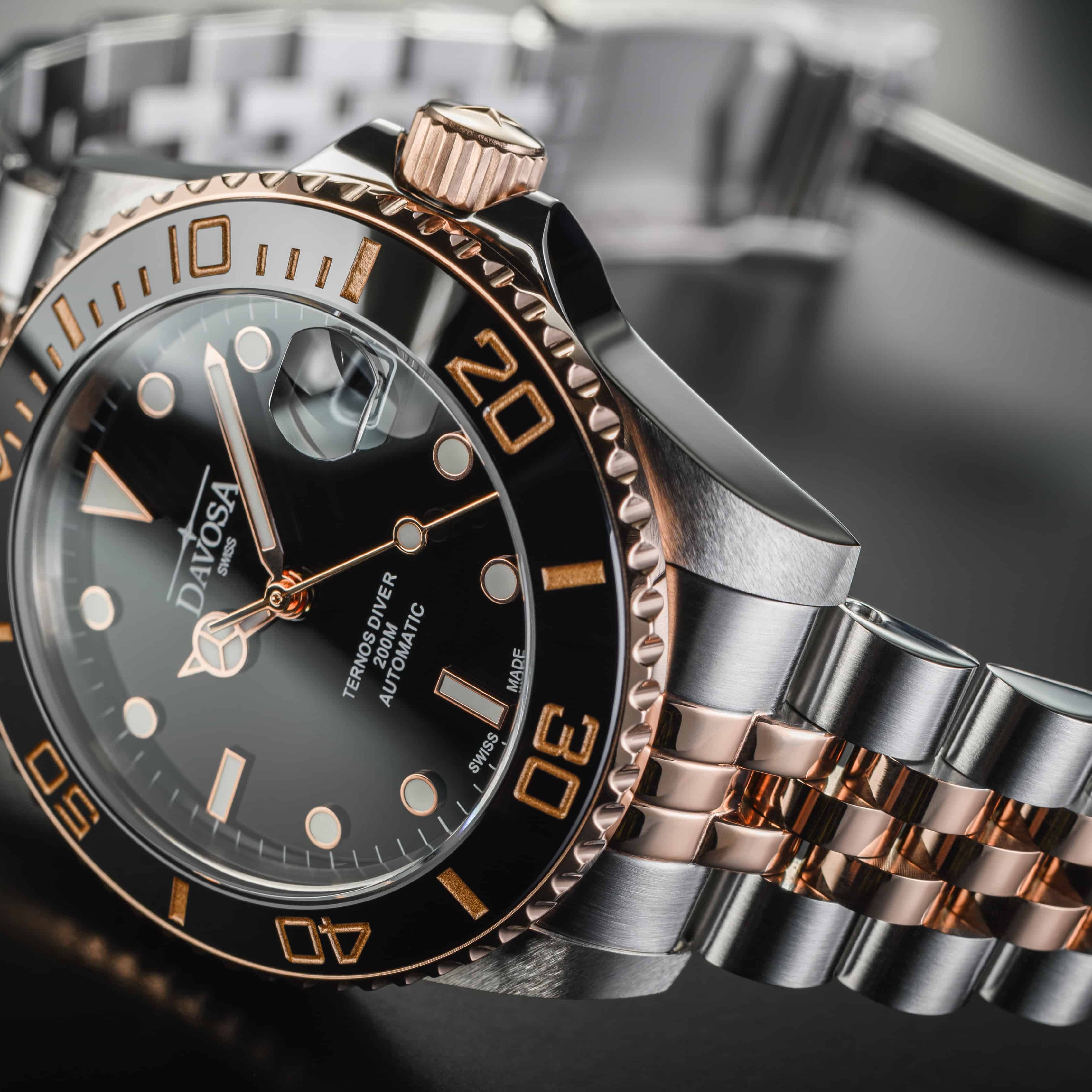 Ternos Medium Automatic Black Rose Gold Diving Watch 16619605 Diver Davosa USA Official Distributor. Prices are Final. Tax & duties included.