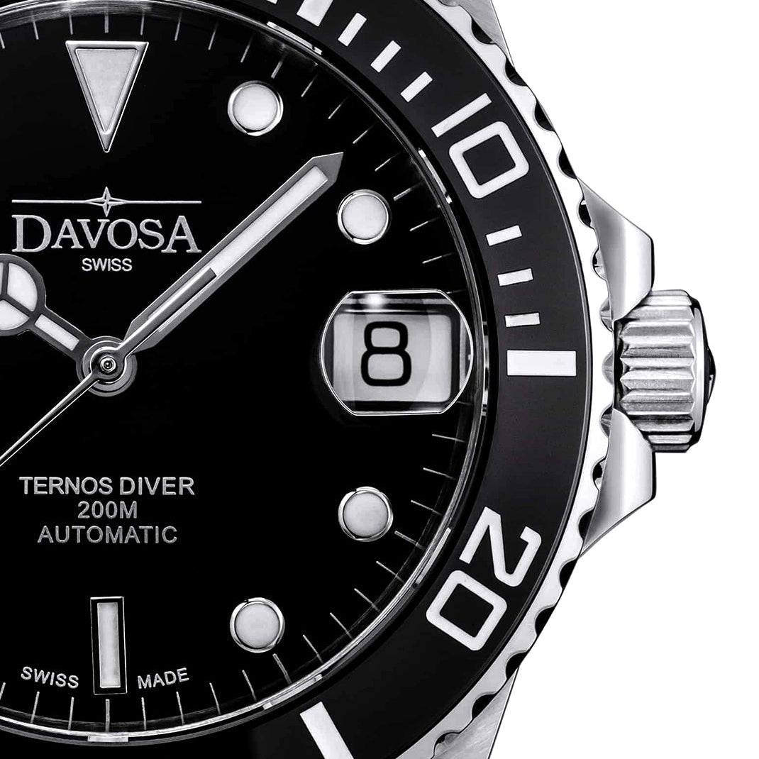 Ternos Medium Automatic Swiss-Made Black Men's Diver Watch 16619550 Diver Davosa USA Official Distributor. Prices are Final. Tax & duties included.