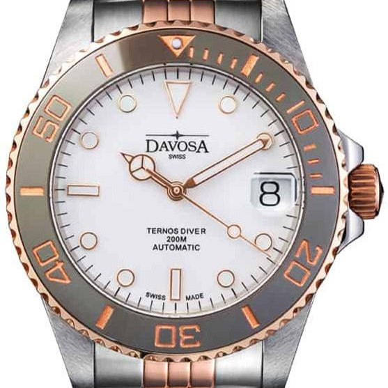 Ternos Medium Automatic White Rose Gold Diving Watch 16619602 Diver Davosa USA Official Distributor. Prices are Final. Tax & duties included. 36.5mm White-Rose Gold PentaLink